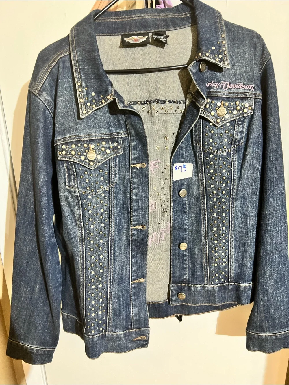 Harley-Davidson Dark Blue Denim Jacket with Pink & Purple Embroidery